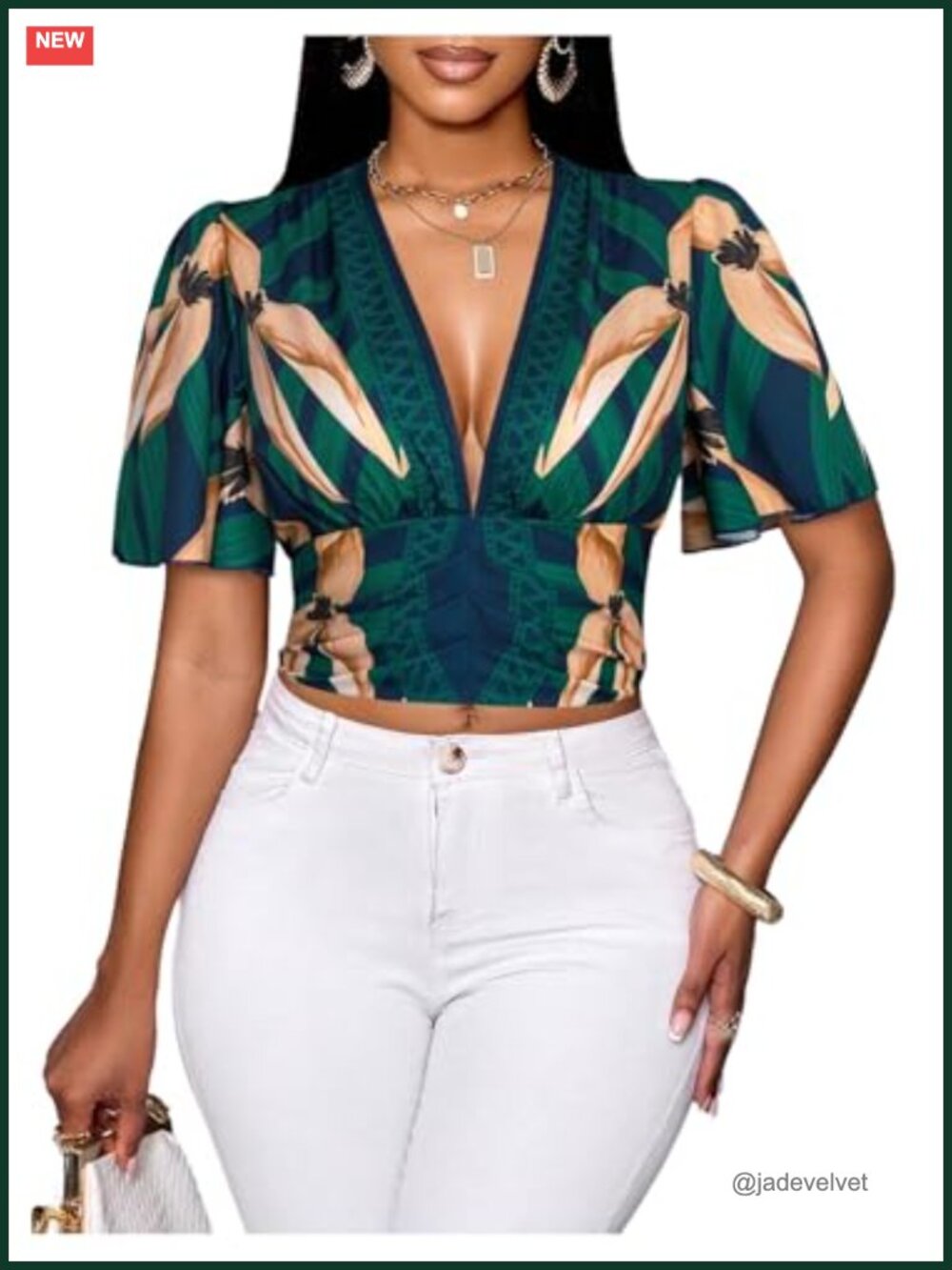 Womens Boho Printed Crop Top Deep V Neck Short Sleeve Blouse Flounce Sleeve